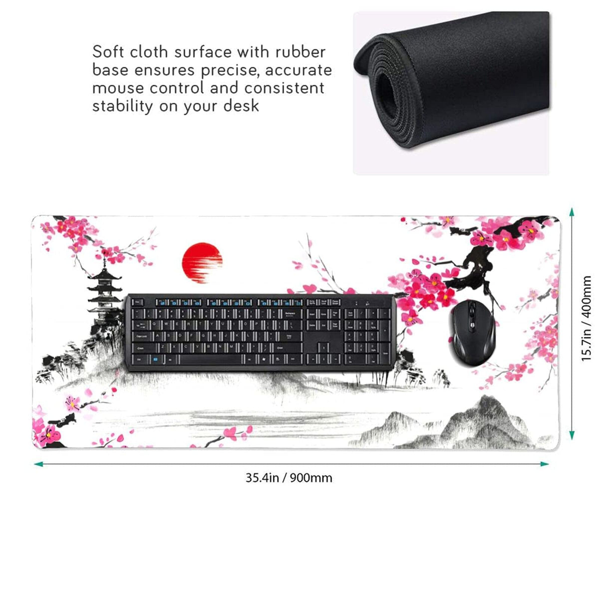 Watercolor Cherry Blossom Mouse Pad 35.4 X 15.7 Inch Japanese Hills Extended Large Pink Mouse Mat