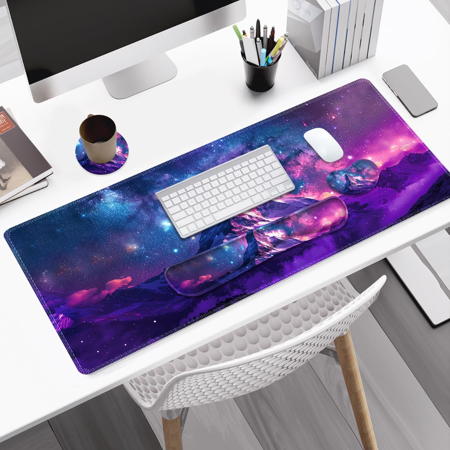 NXZGO Large Gaming Mouse Pad Set, Purple 4 in1 Ergonomics Keyboard Desk Mat with Memory Foam Wrist