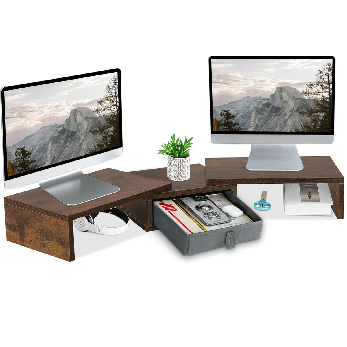 TEAMIX 3 Shelf Monitor Stand Riser With Drawer - Length and Angle Adjustable Dual Riser With