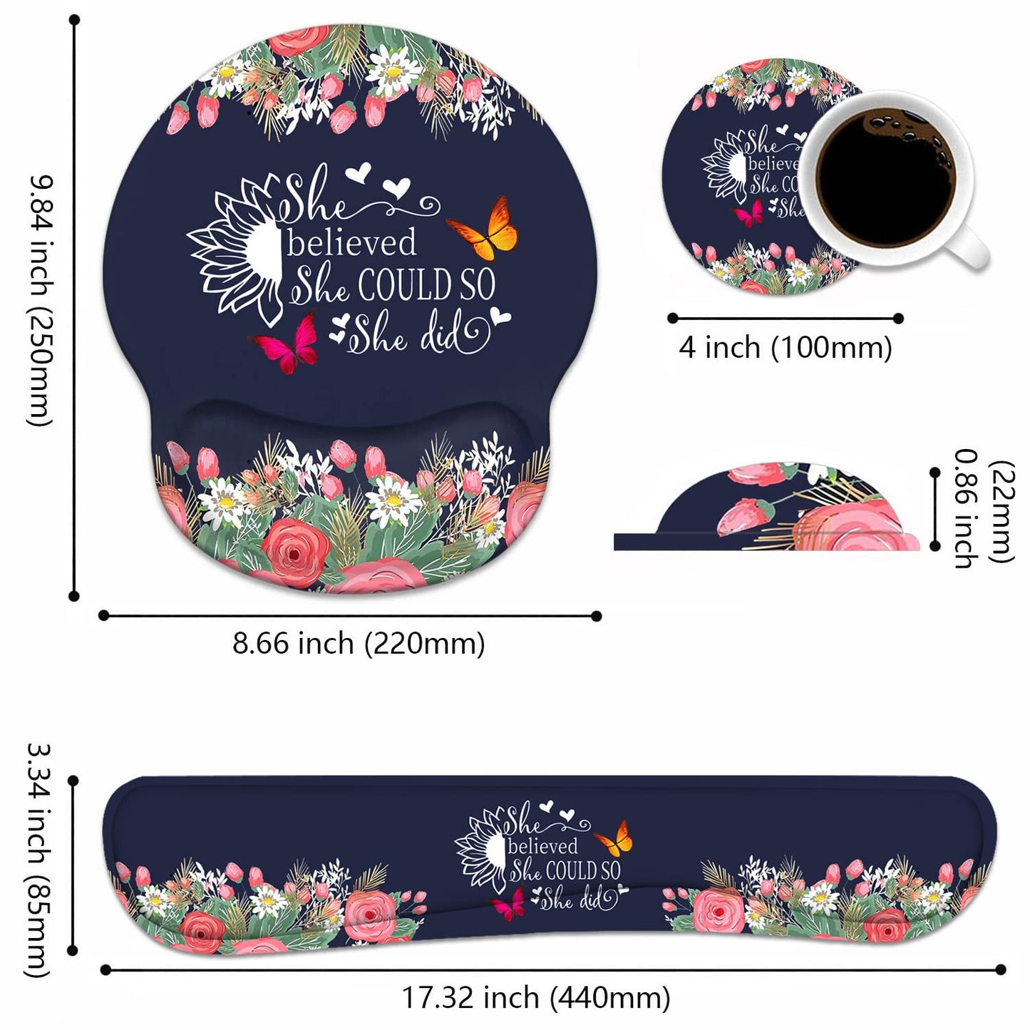 Keyboard Wrist Rest + Mouse Pad Wrist Support Set with Coasters, She Believed She Could So She Did