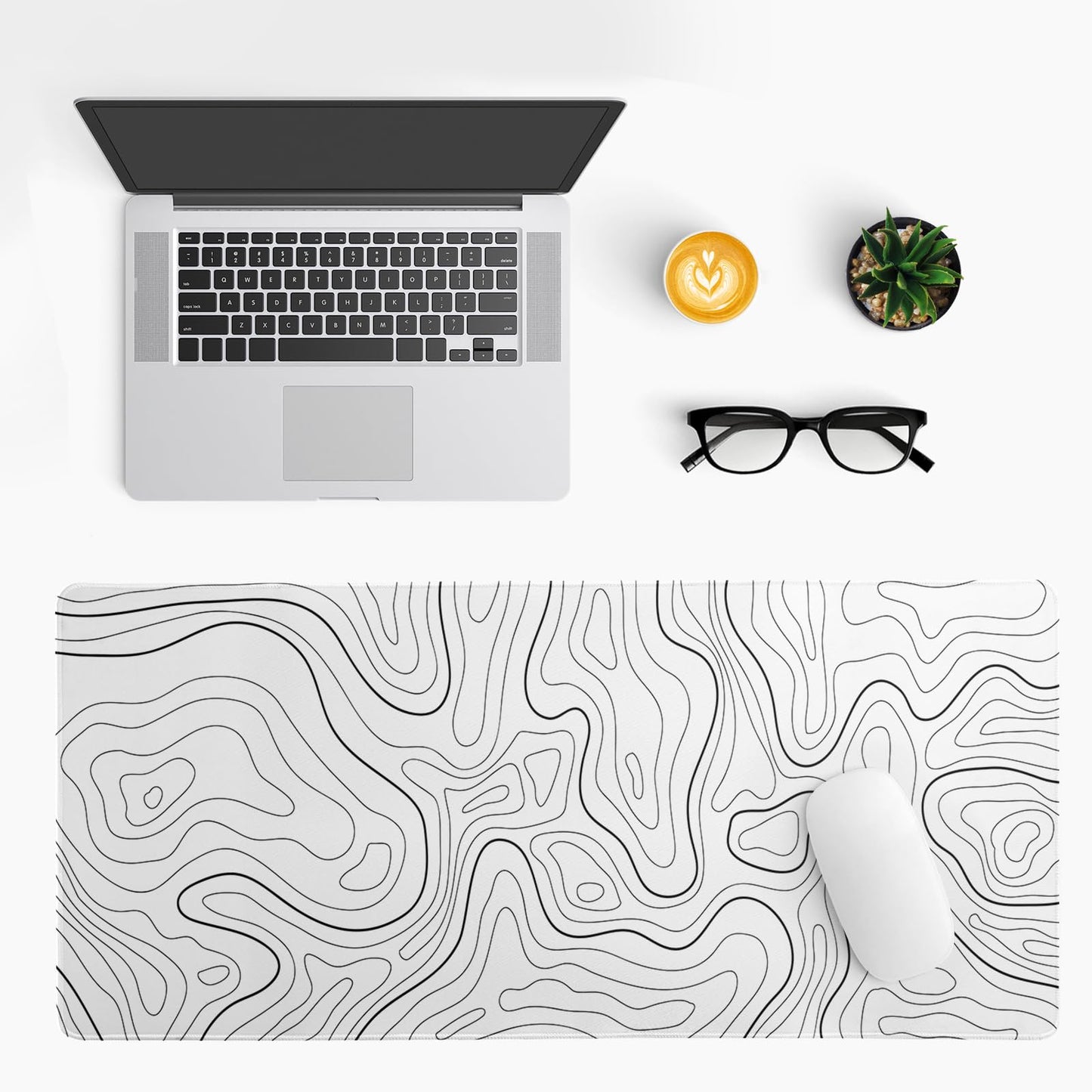Topographic Contour White Gaming Mouse Pad XL Geographic Map Lines Extended Big Large Desk Mat