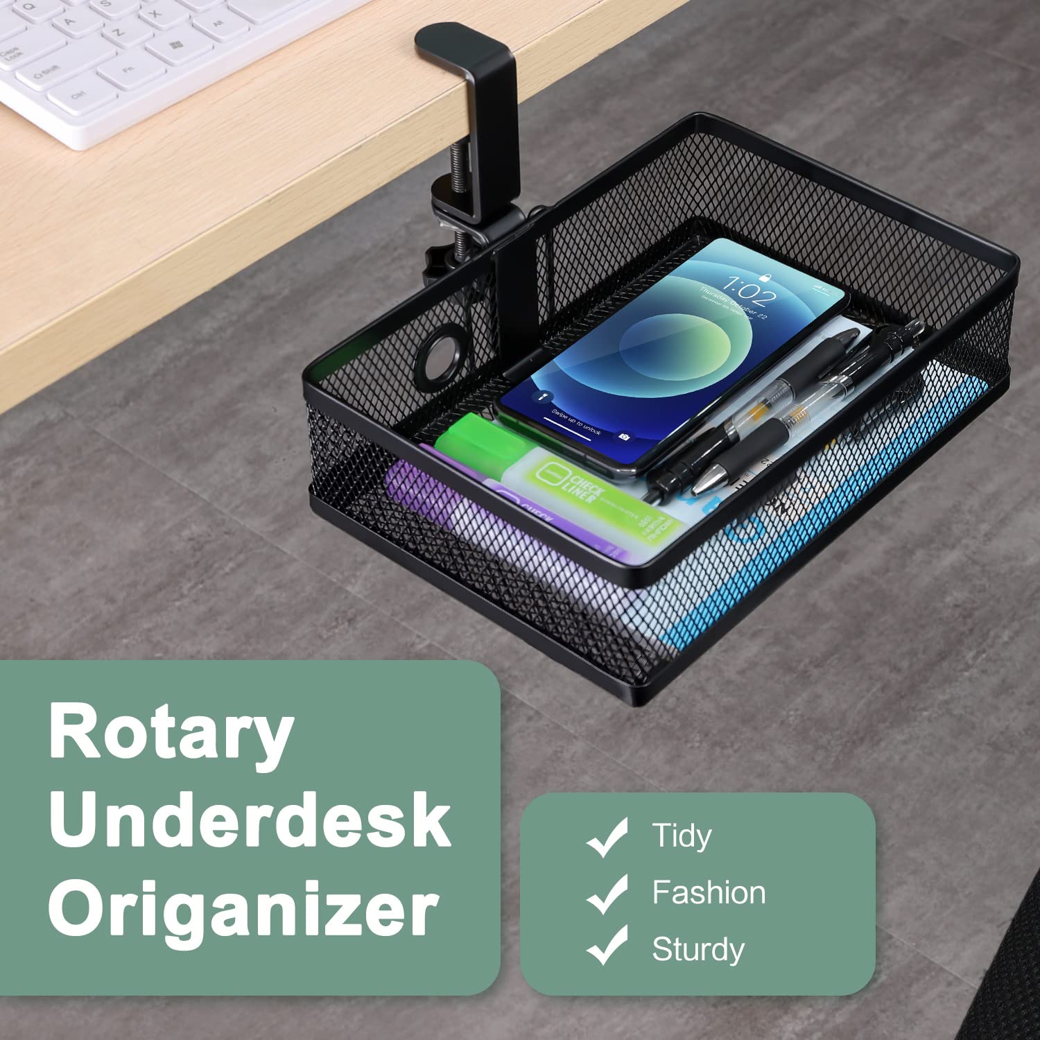 ROSYLINE Under Desk Storage Basket Hanging Drawer Tray, Clamp On Organizer