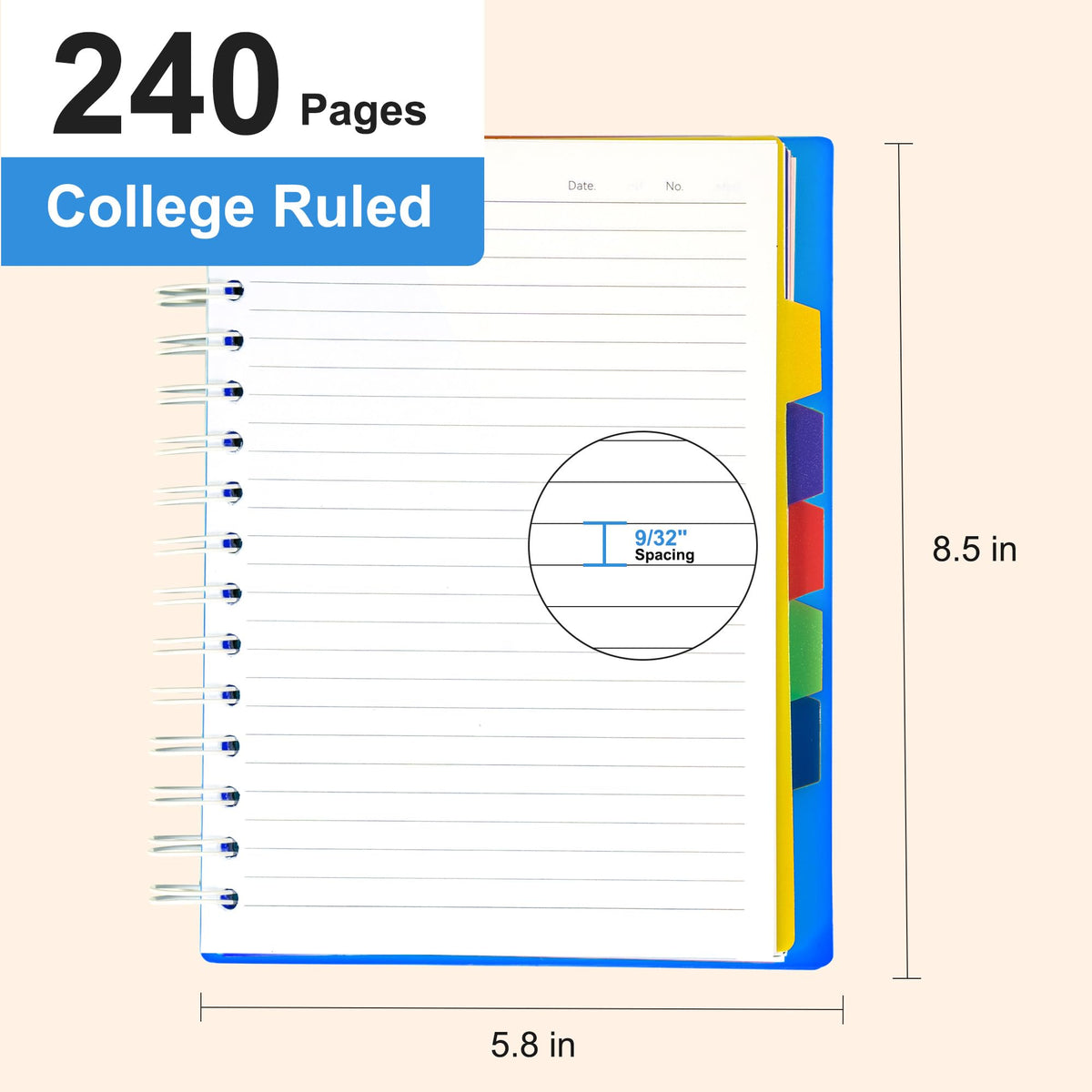 5 Subject Notebook College Ruled Spiral Notebook 5x7 with Removable Divider