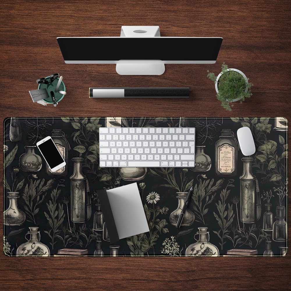 Black Aesthetic Desk Mat - Vintage Large Gaming Flower Mouse Pad XXL Plant Wildflower Mousepad
