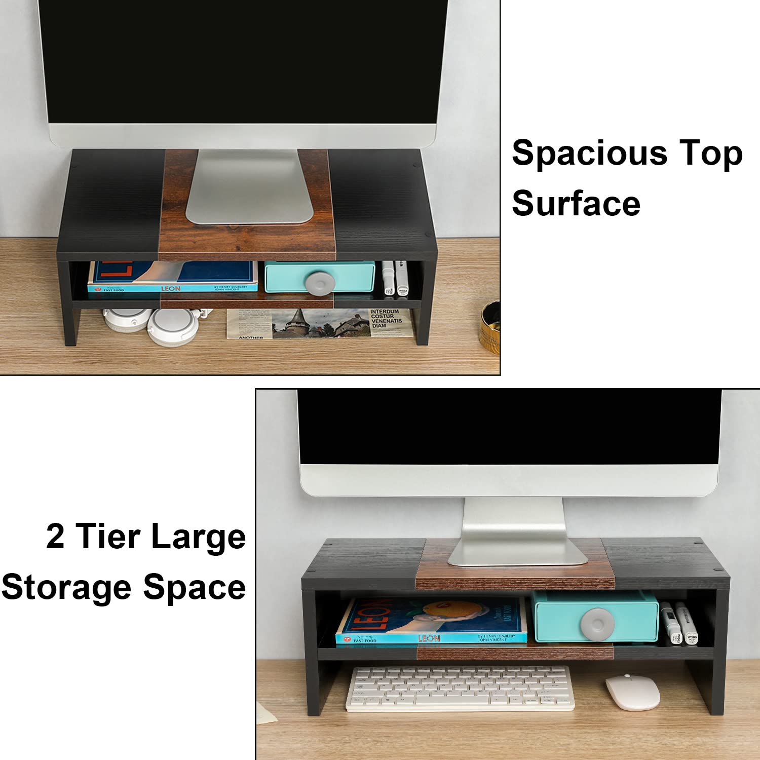 TEAMIX 20 inch Monitor Riser Stand - 2 Tiers, Wood Morden Desktop Bookshelf