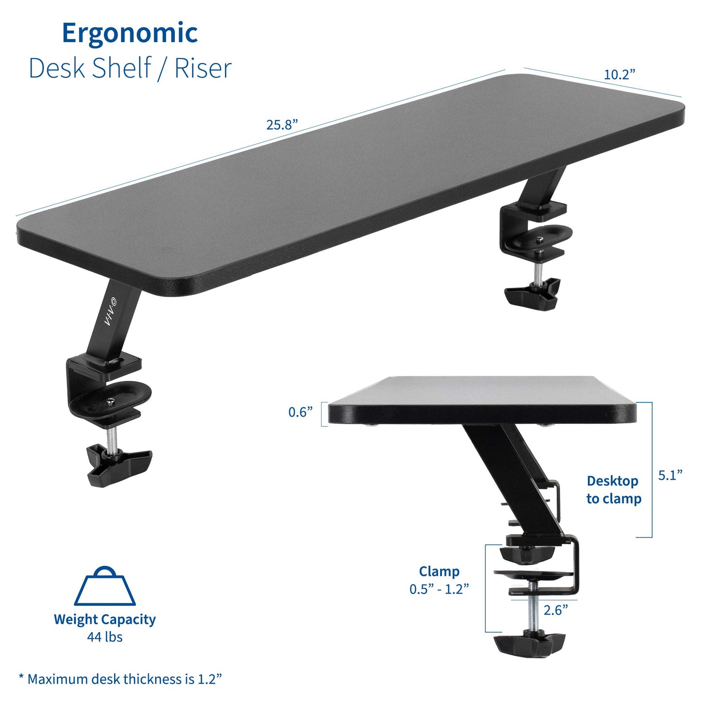 VIVO Black Clamp-on Small 26 inch Ergonomic Desk Shelf, Single Computer Monitor Stand Riser - Desk