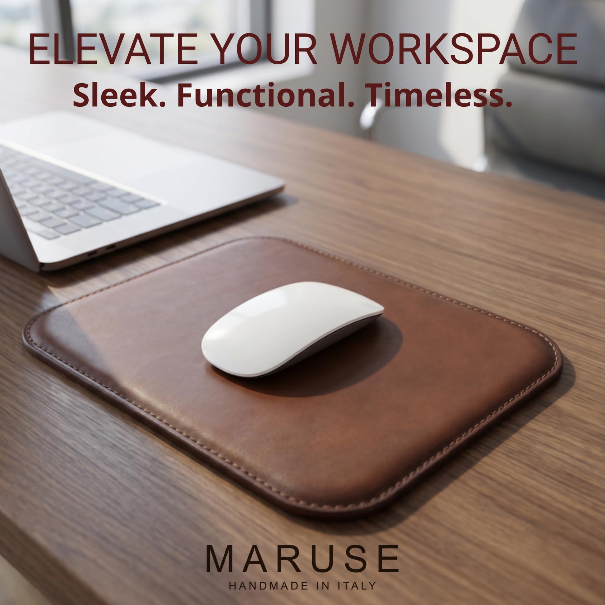 Maruse Italian Leather Mouse Pad for Home or Office Desktop, Handmade in Italy, Black
