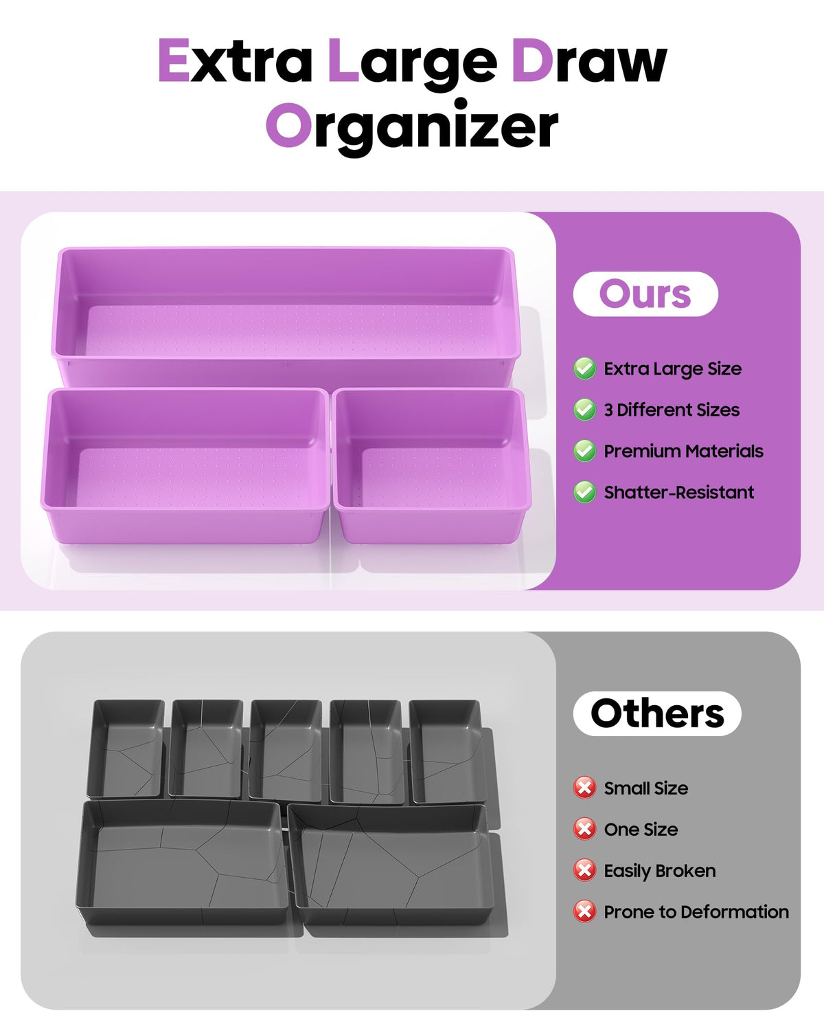 MLIKLU 10 Pack Large Size Plastic Drawer Organizers Set, 3 Sizes Desk Drawer Organizer Trays