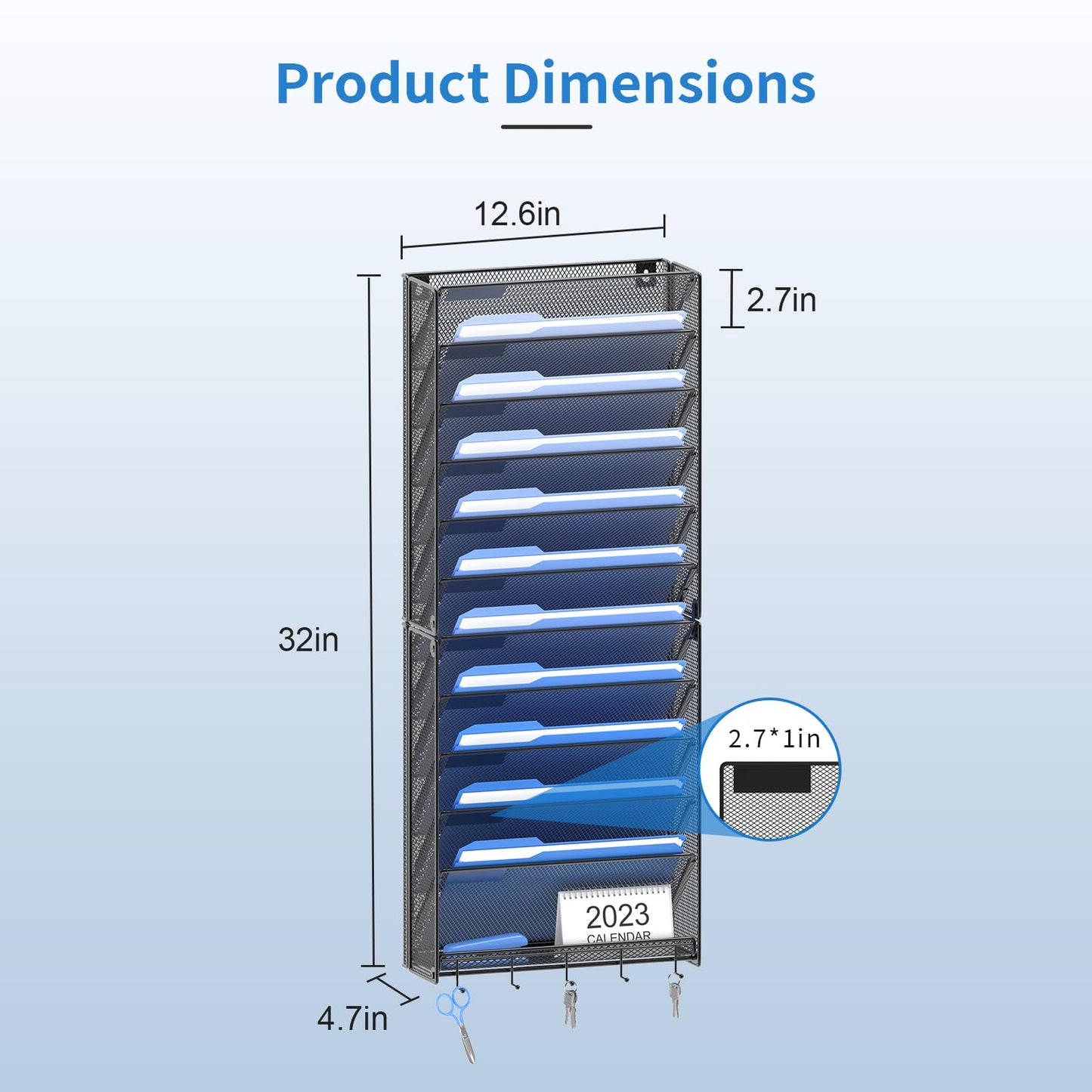 OUTWOLF Hanging Wall File Organizer with Hooks, 12 Tier Vertical Wall Mount File Holder, File