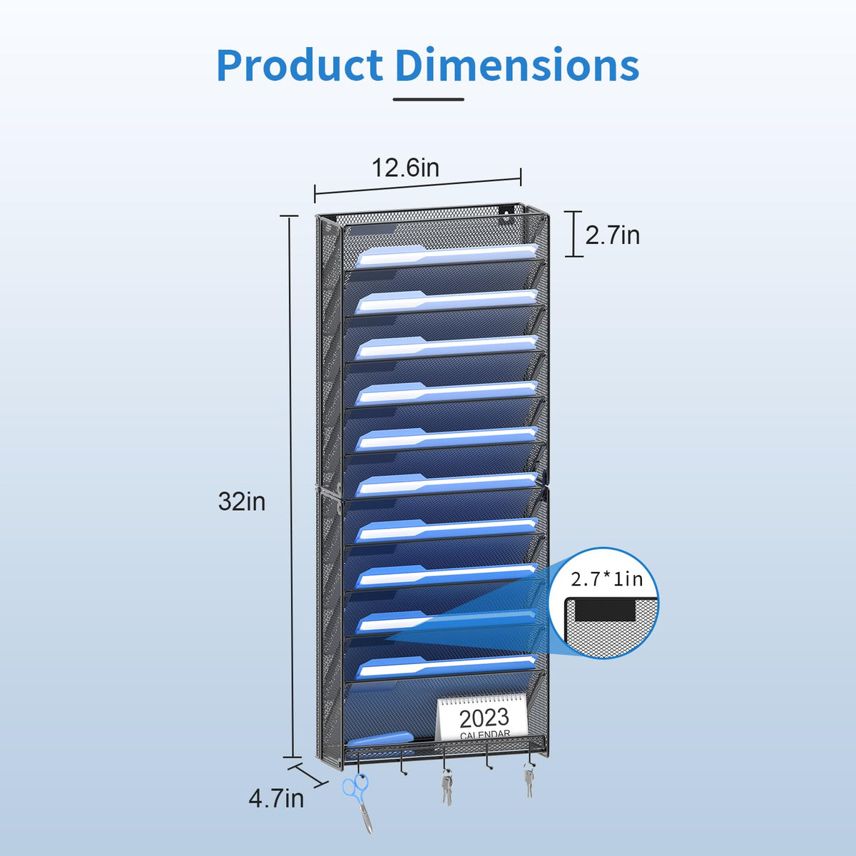 OUTWOLF Hanging Wall File Organizer with Hooks, 12 Tier Vertical Wall Mount File Holder, File