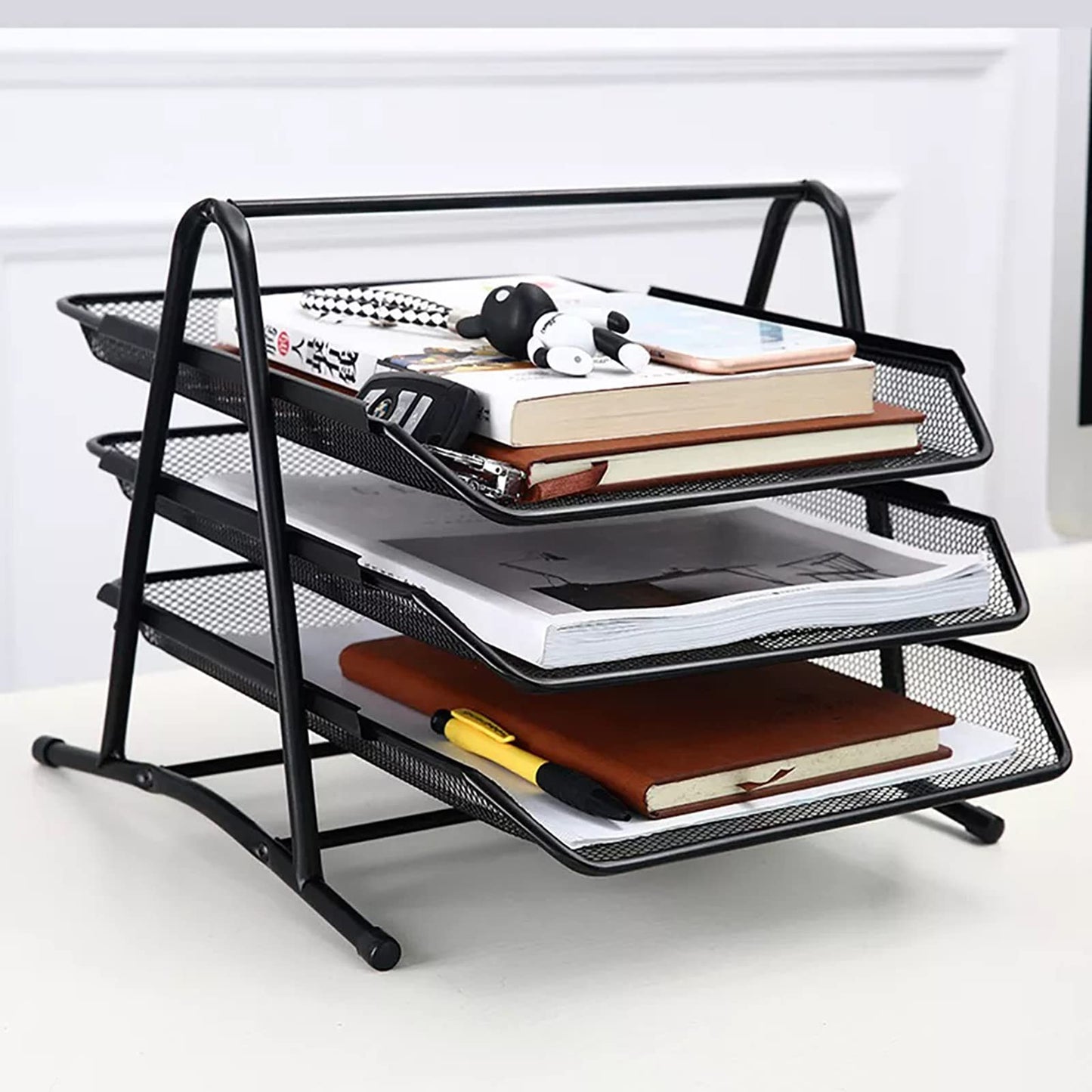 Detectalia Black Metal Mesh Document Tray, 3 Levels, A4 Folder, Desk Pedestal, File Cabinets