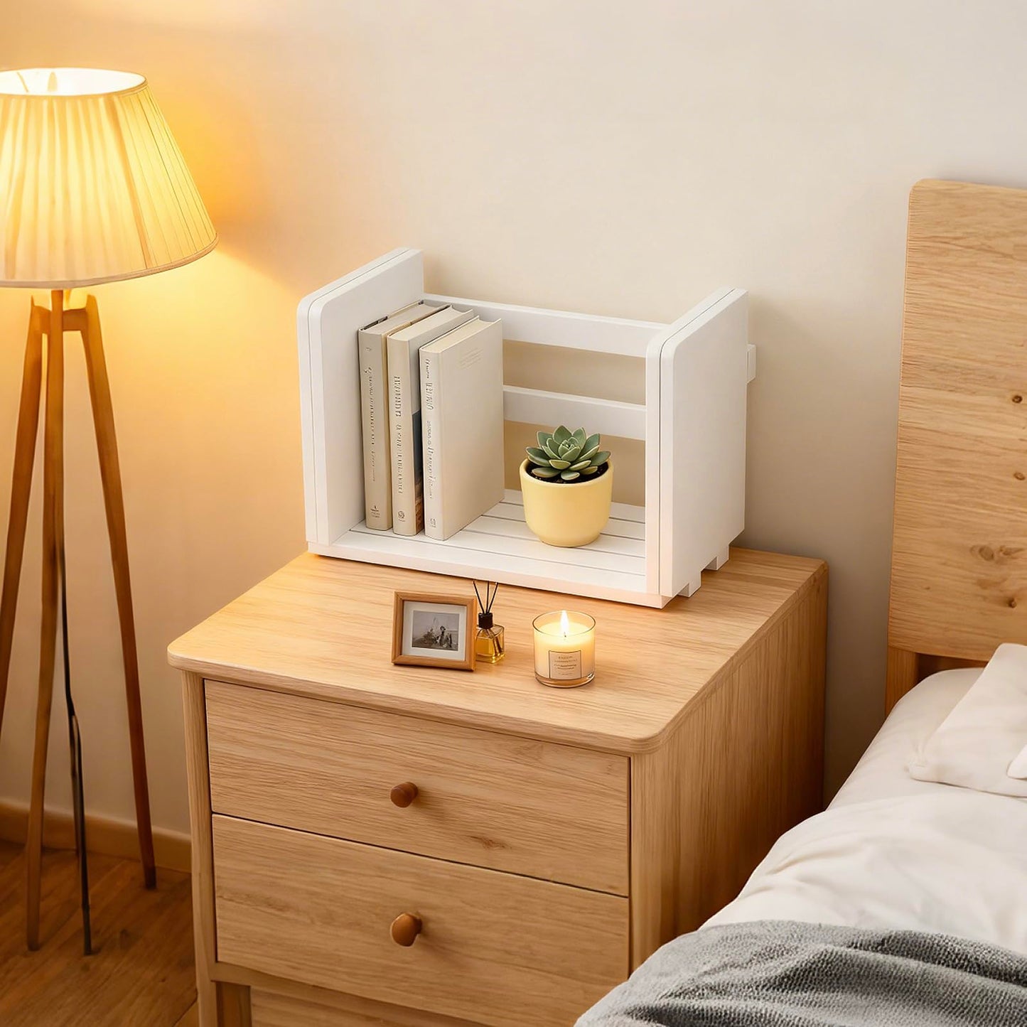 MyGift White Wood Desktop Bookshelf Organizer, Expandable Adjustable Rack
