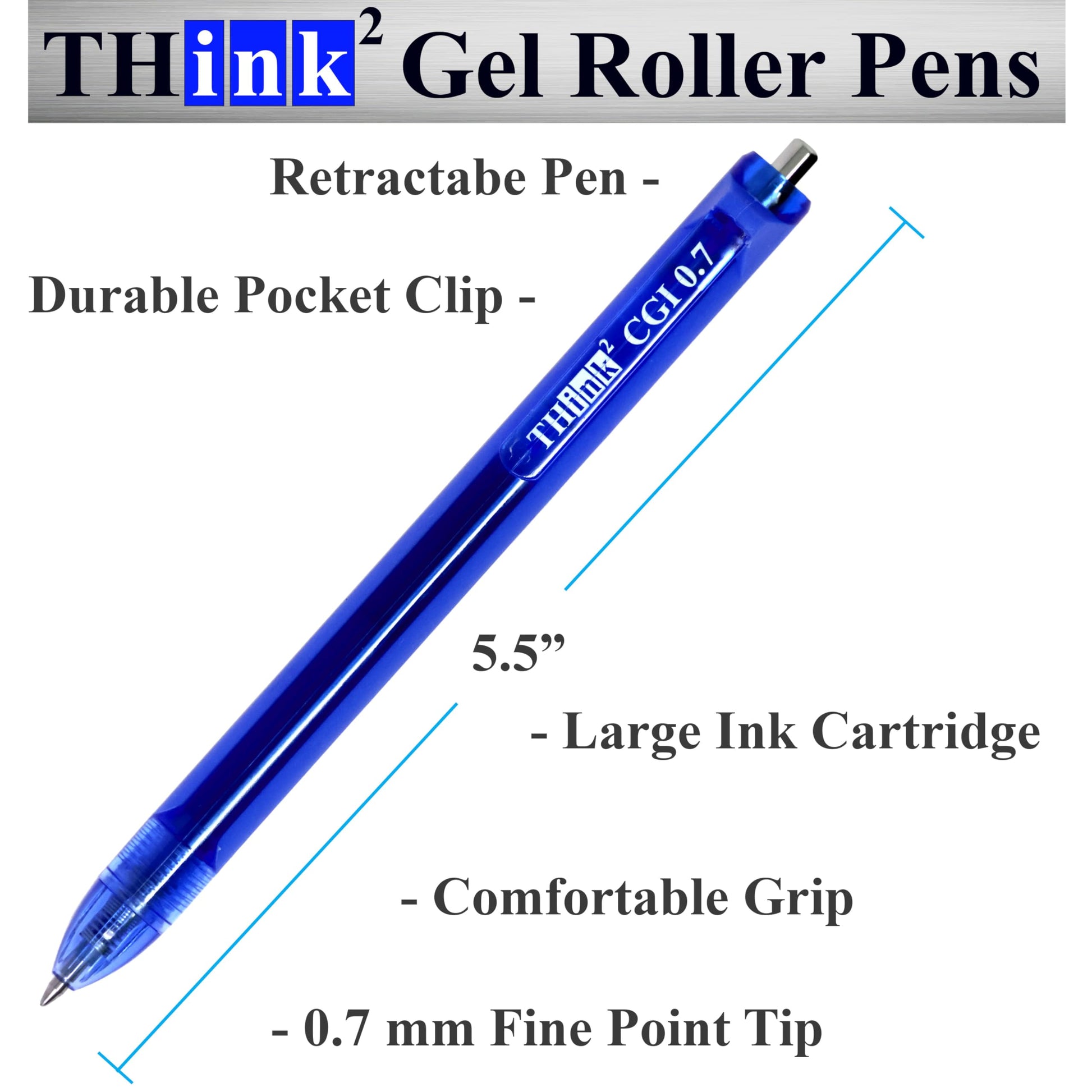[24 Pens - Blue Ink] Think2 0.7mm CGI Retractable Gel Pens. (24 Blue) Medium Point Rollerball Pens