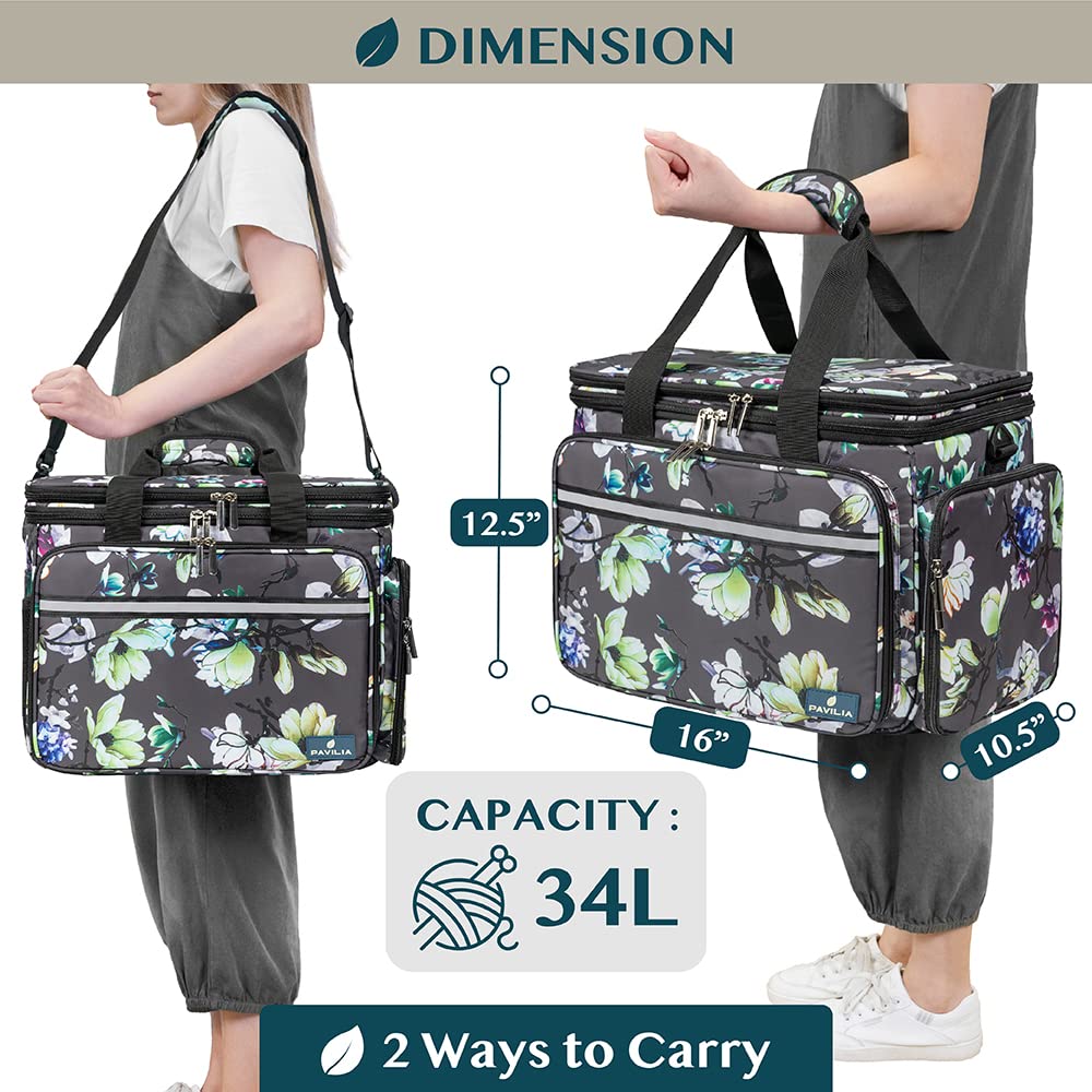 PAVILIA Knitting Yarn Storage Bag Crochet Knitter Organizer, Floral Grey