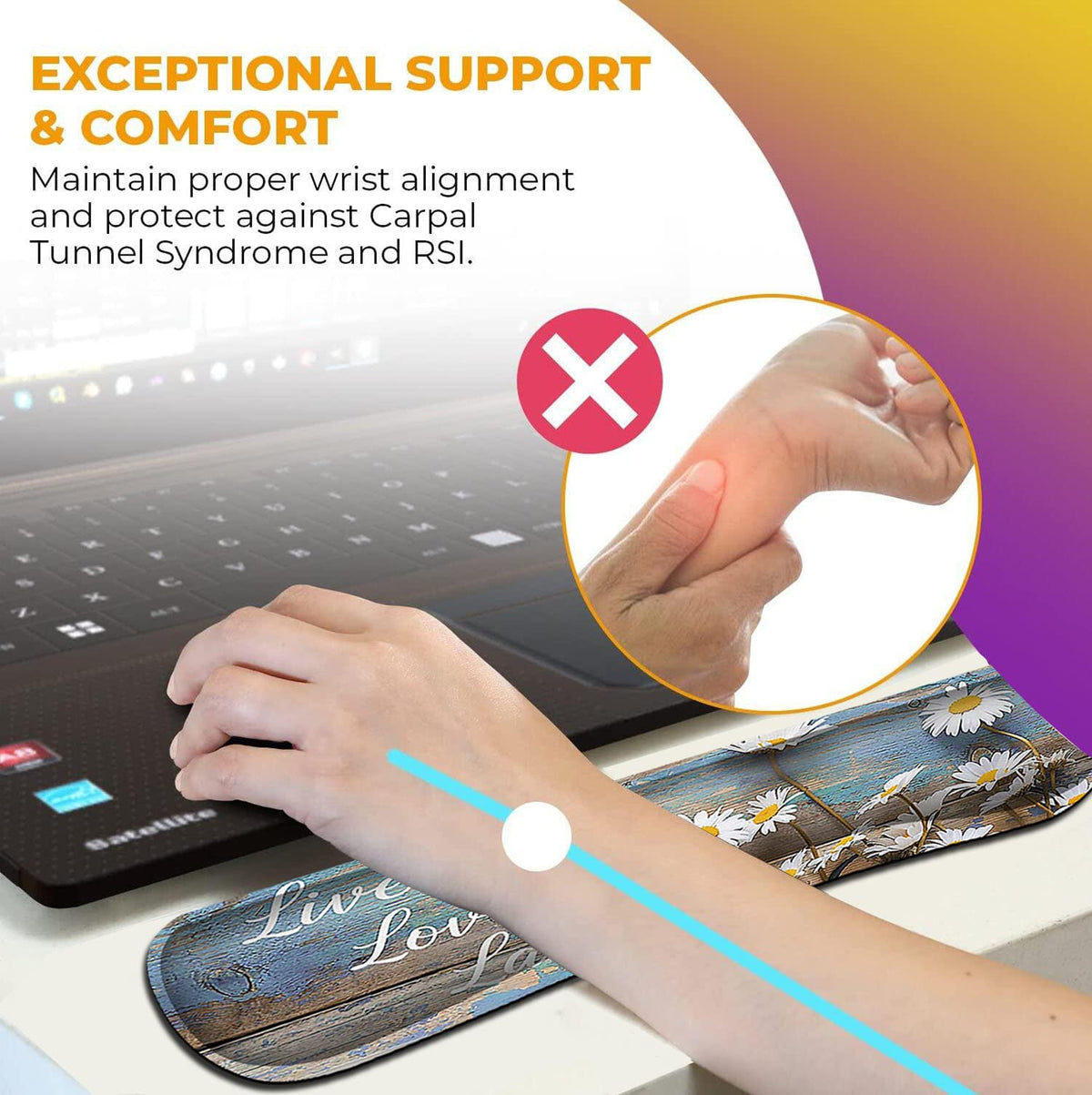 Mouse Pad for Women, Keyboard Wrist Rest Relieves Fatigue，White Daisy Flowers on Wooden ，Ergonomic