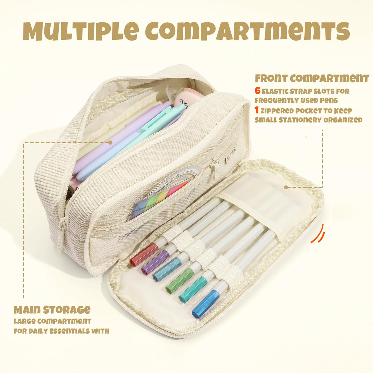 SUNEE Pencil Case, Large Capacity Pencil Pouch, Aesthetic Big Pen Bag, Soft Corduroy Fabric Pen Box