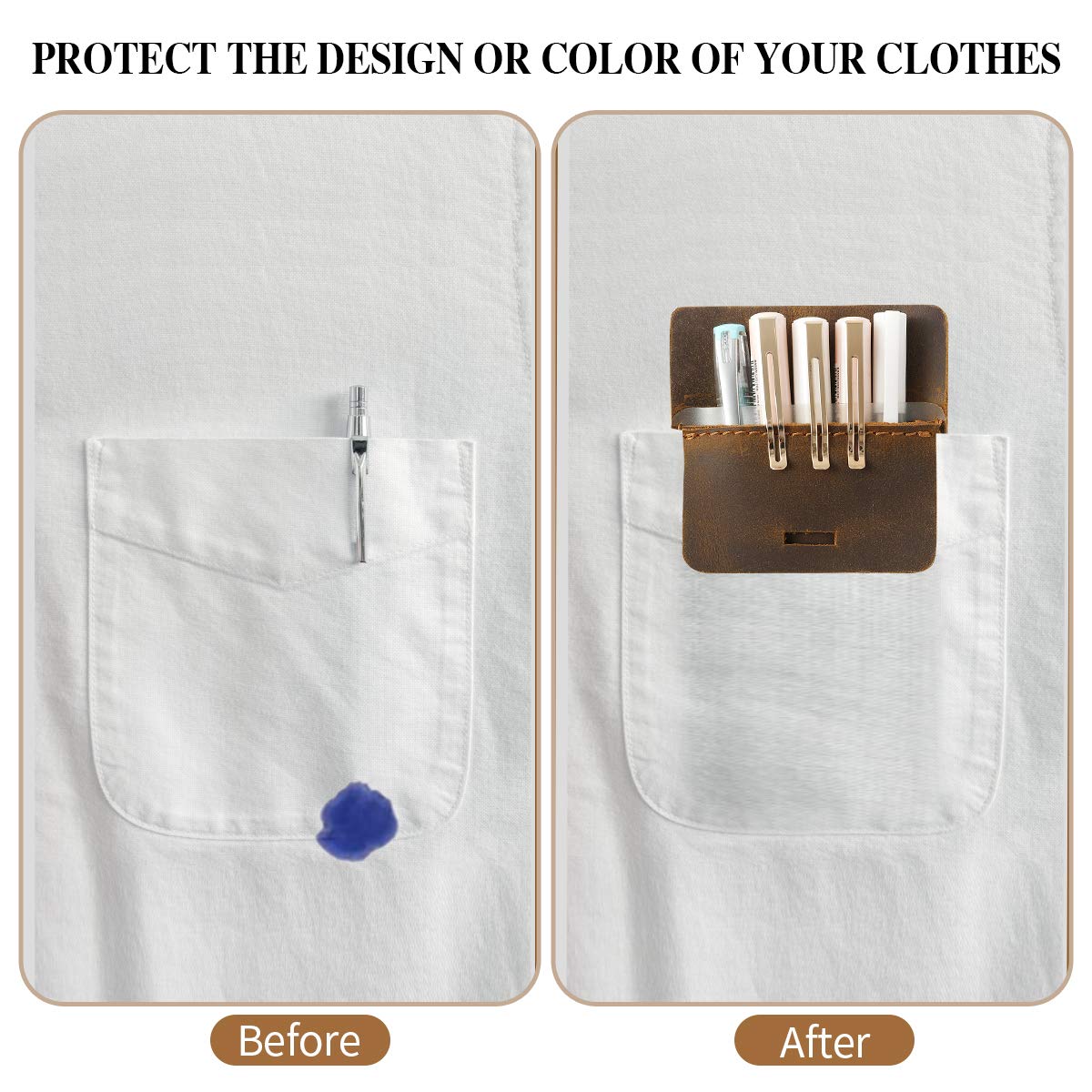 Ringsun Men's Pocket Protector - Full Grain Leather - Heavy Duty Pen Holder for Shirts, Lab Coats