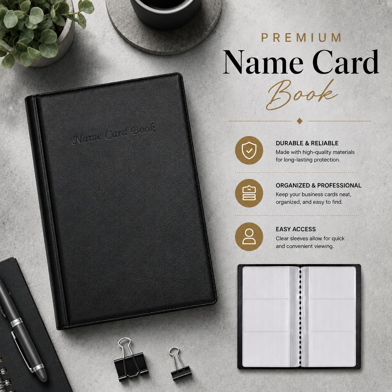 Business Card Holder Book Organizer, 300-Card PU Leather Binder, Black
