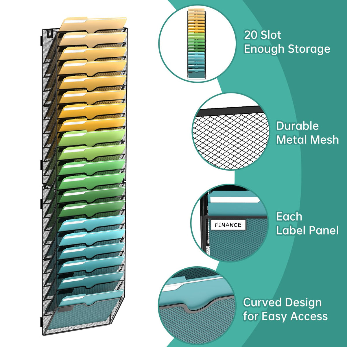 SUPEASY 20 Tier Wall File Organizer, Hanging Wall Mounted Mail Organizer with Label Slots, Metal