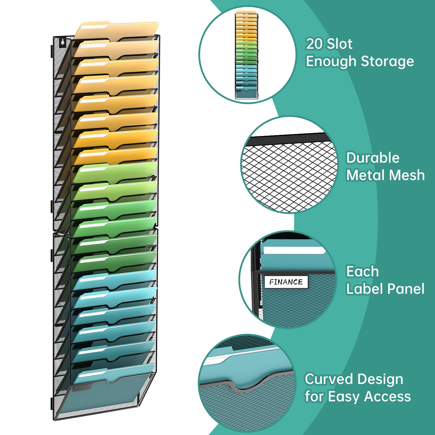 SUPEASY 20 Tier Wall File Organizer, Hanging Wall Mounted Mail Organizer with Label Slots, Metal