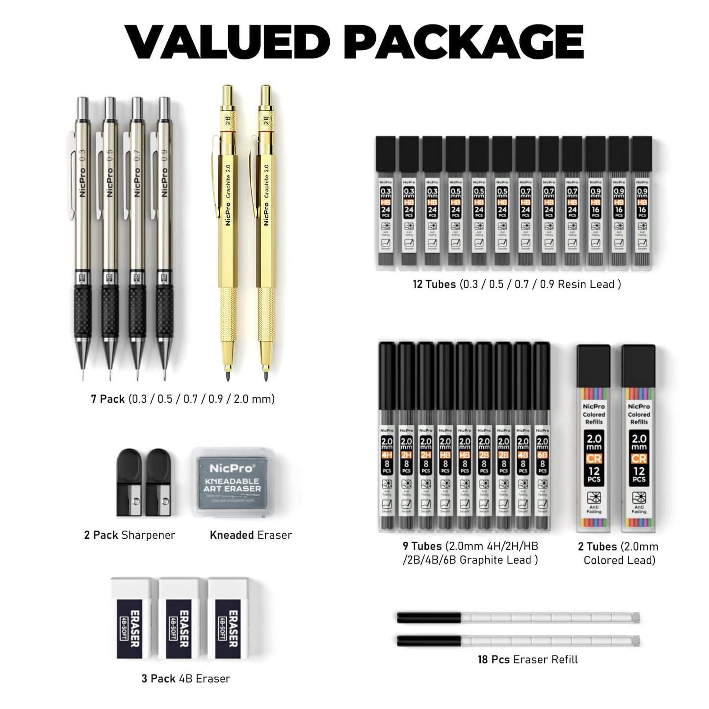 Nicpro 37PCS Gold Art Mechanical Pencil Set, 0.3/0.5/0.7/0.9/2mm Point