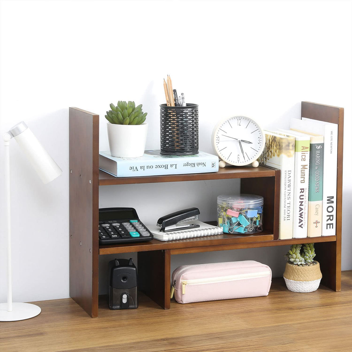 MyGift Adjustable Brown Solid Wood Desktop Storage Organizer Display Shelf Book Rack, Home Office