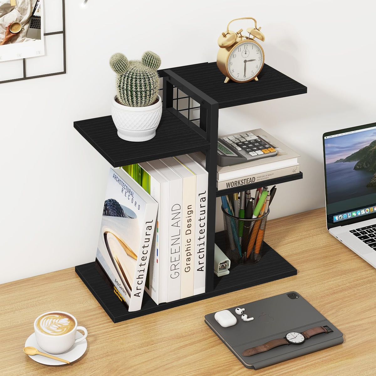 ELITEROO Desktop Bookshelf, 4 Tier Wood Desk Organizer Shelf, Tabletop Storage Shelf Rack for