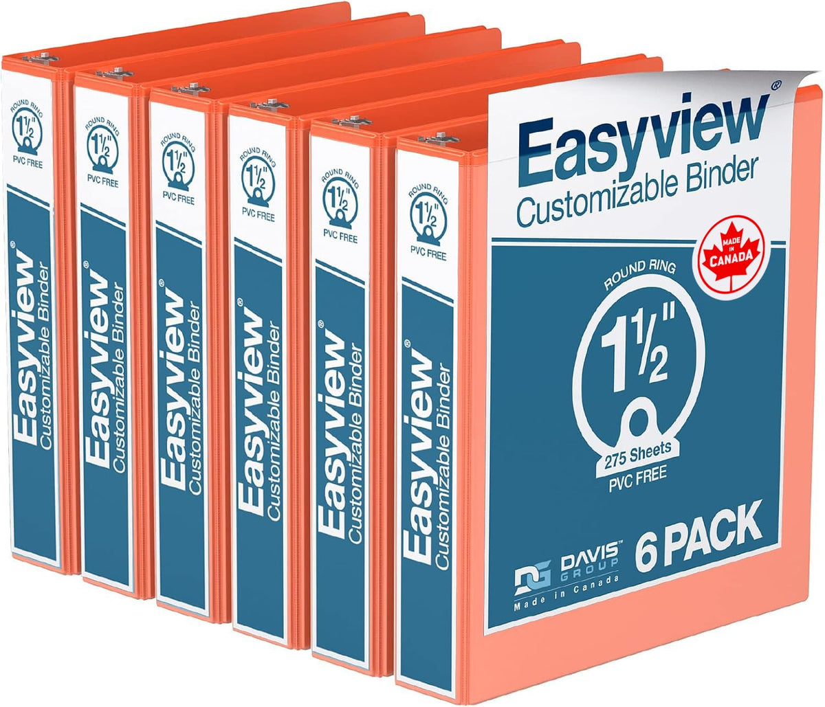 Easyview 3-Ring Binder, Clear-View Cover, 1.5" Round Rings, Orange, 6 Pack