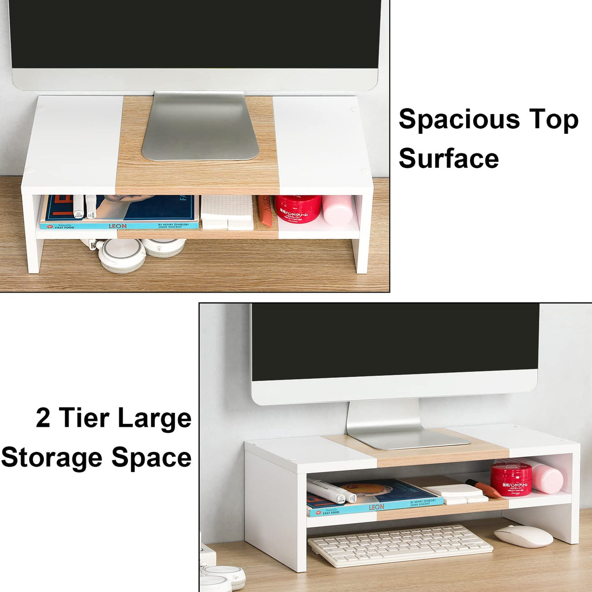 TEAMIX 20 inch Monitor Riser Stand - 2 Tiers, Wood Morden Desktop Bookshelf