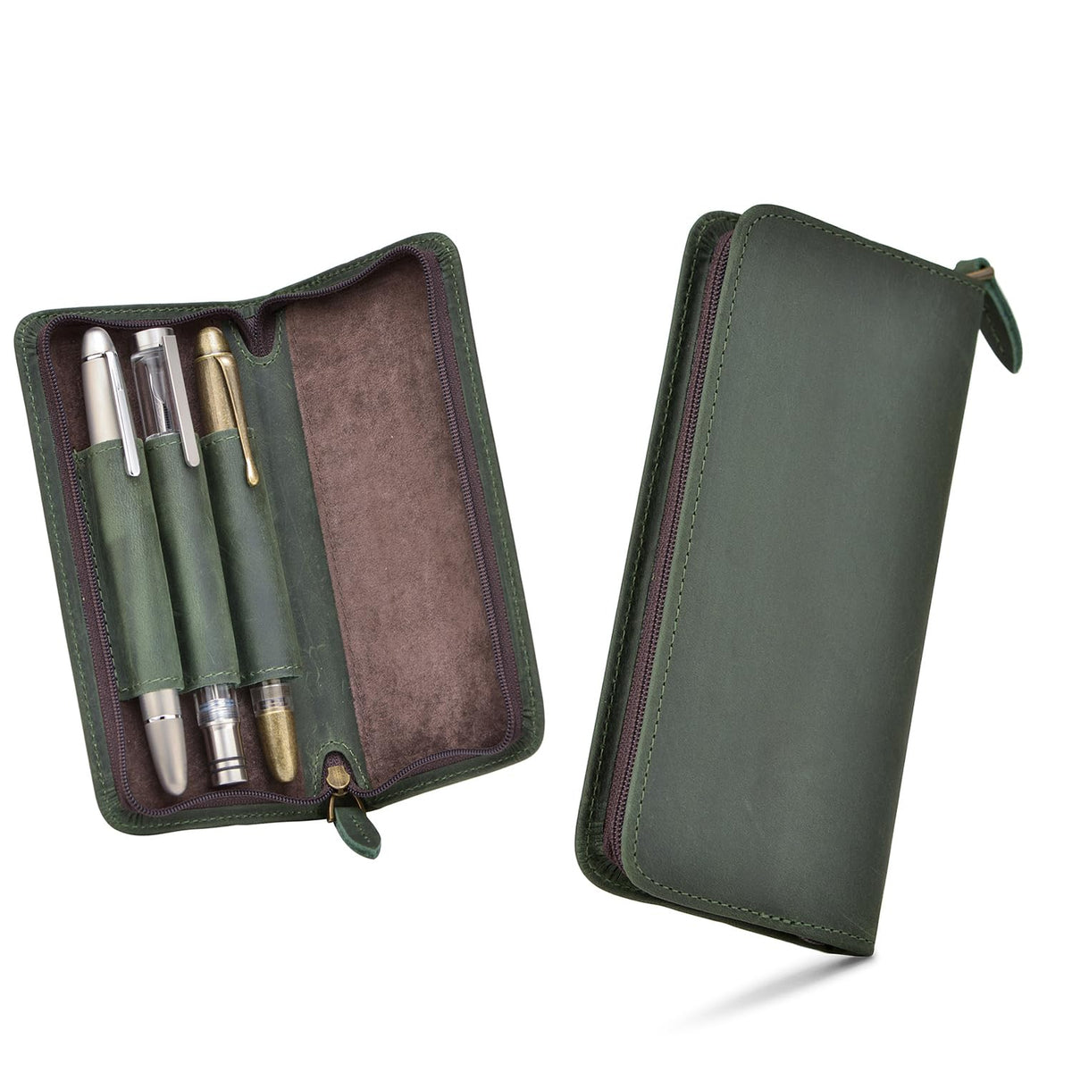 Fountain Pen Case 3 Divided Slots Crazy Horse Leather Pen Holder, Handmade Display Zippered Pouch