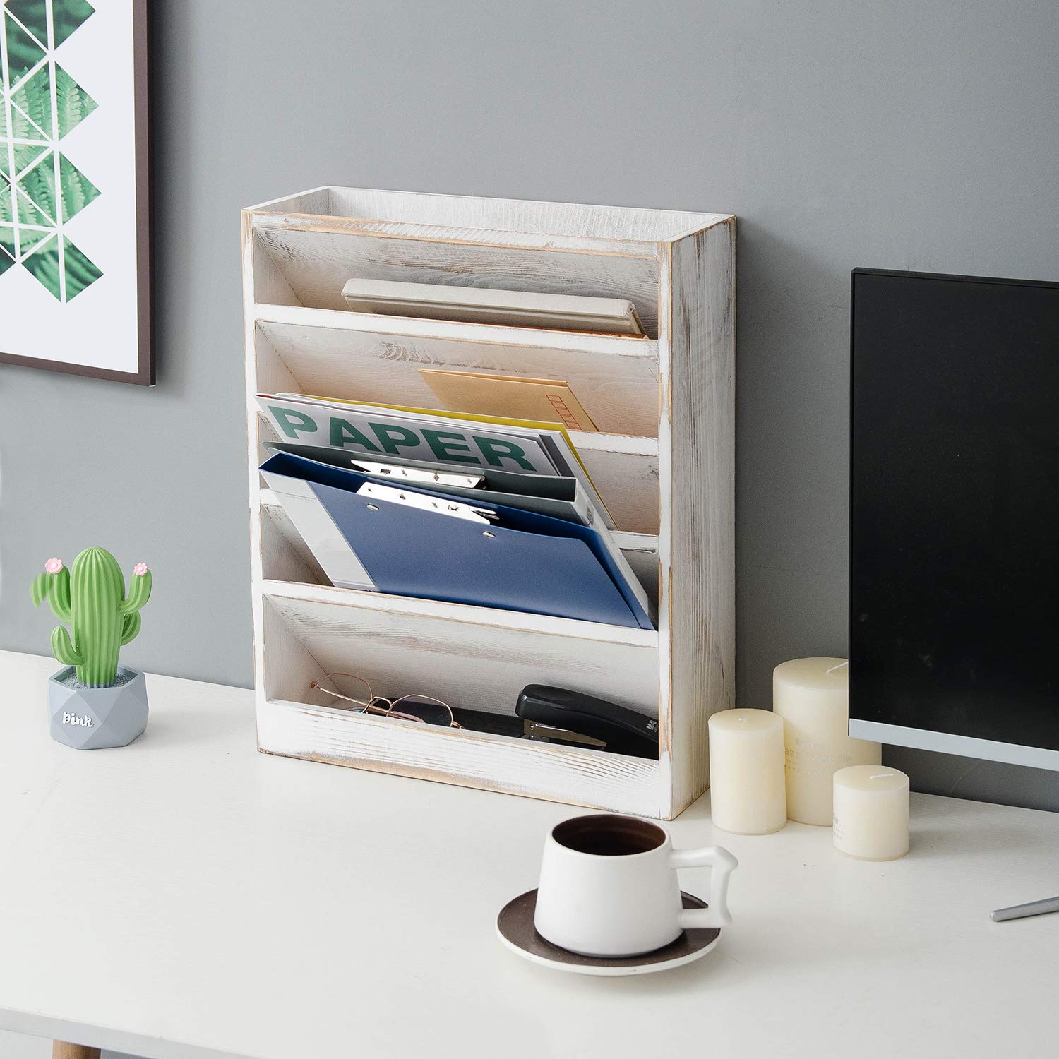 Vintage Rustic Wooden 5 Slot Office Desk or Distressed Torched Wood Wall Mounted Hanging Document