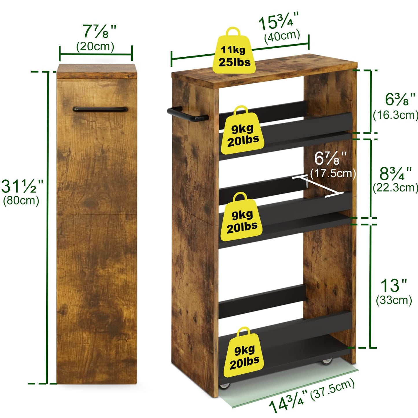 TEAMIX Slim Rolling Storage Cart, Wood 4-Tier Narrow Kitchen/Laundry Cart