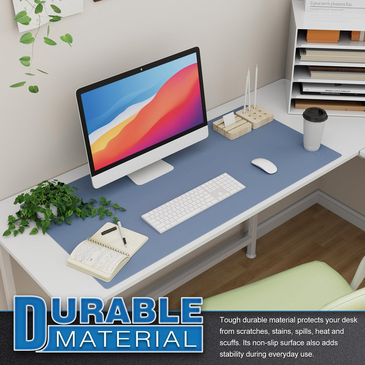 K KNODEL Extra Large Desk Mat, Leather Mouse Pad (35.4"x17", Lake Blue)