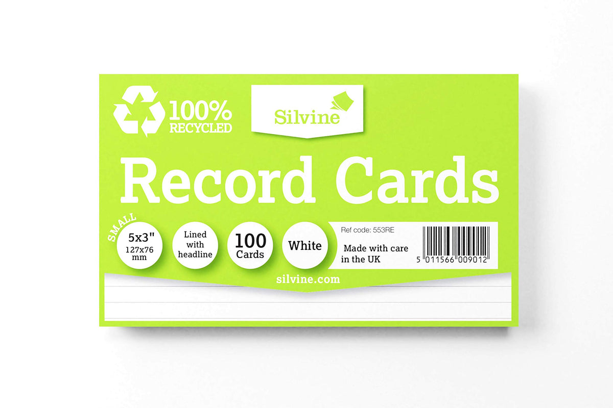 Silvine 5x3 100% Recycled Flash Cards - Lined (100 Cards) White