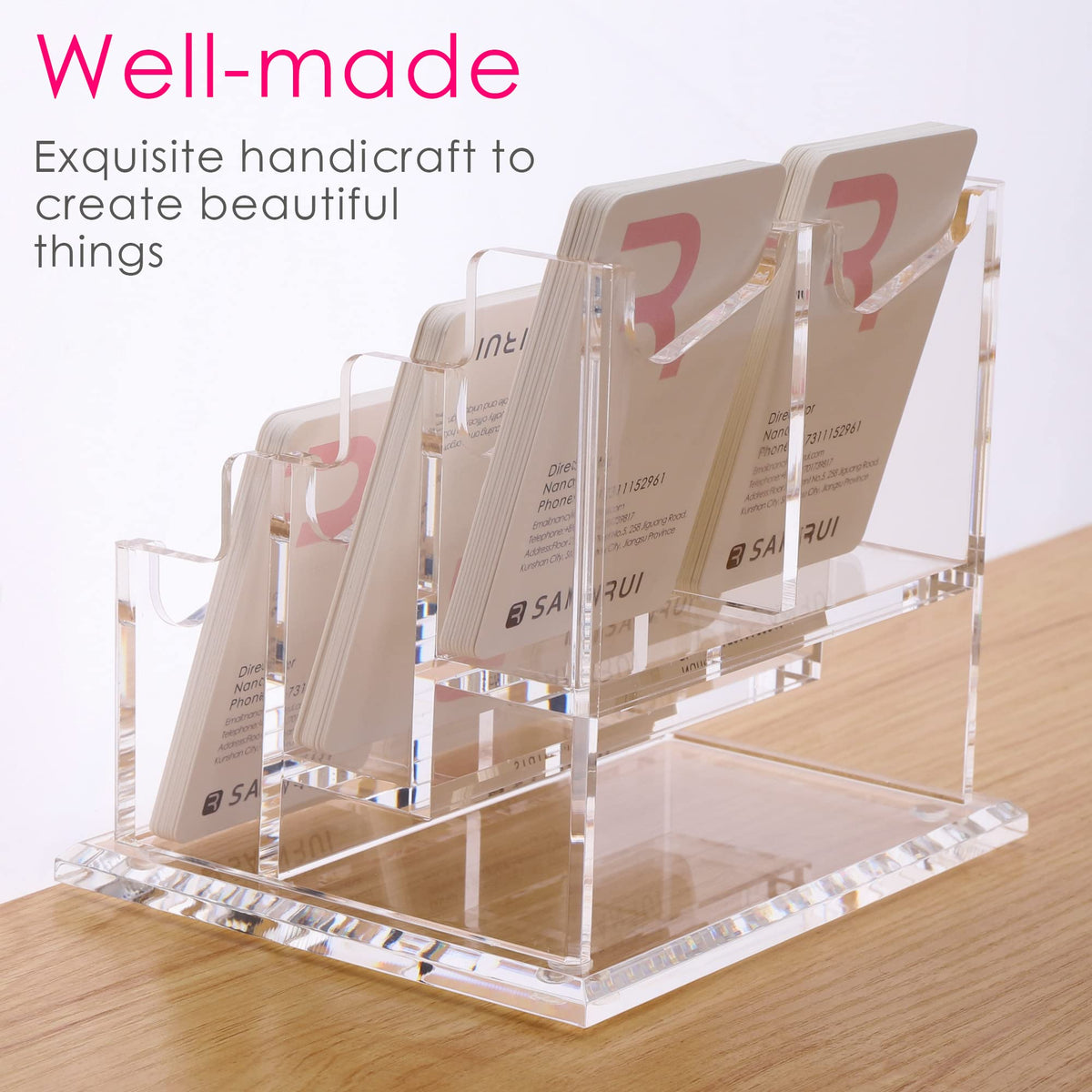 SANRUI Vertical Business Card Holder for Desk，Clear Acrylic Business Card Display Stand，6 Slots 3
