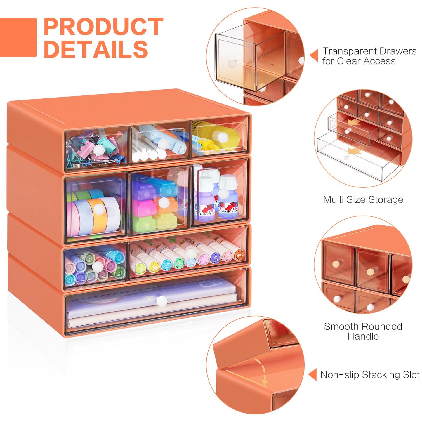 FODIENS Desk Storage Organizer with 9 Drawers, 4 Tiers Stackable Desktop Craft Storage Drawers