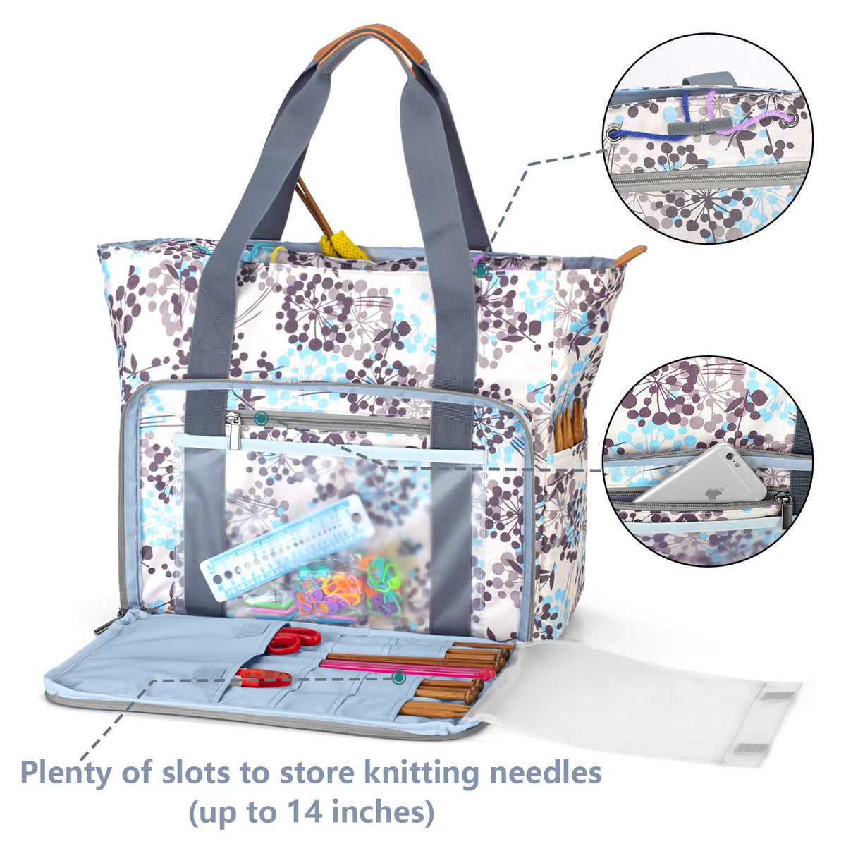 Teamoy Knitting Bag Tote, Yarn Storage Bag Crochet Organizer, Dandelion