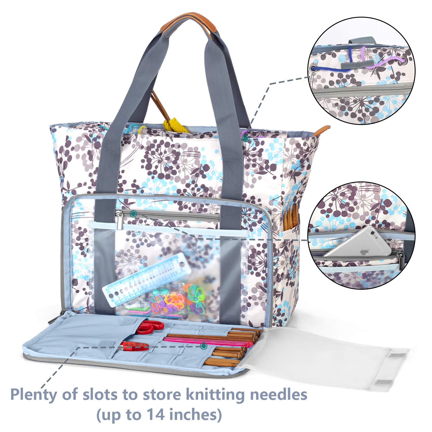 Teamoy Knitting Bag Tote, Yarn Storage Bag Crochet Organizer, Dandelion