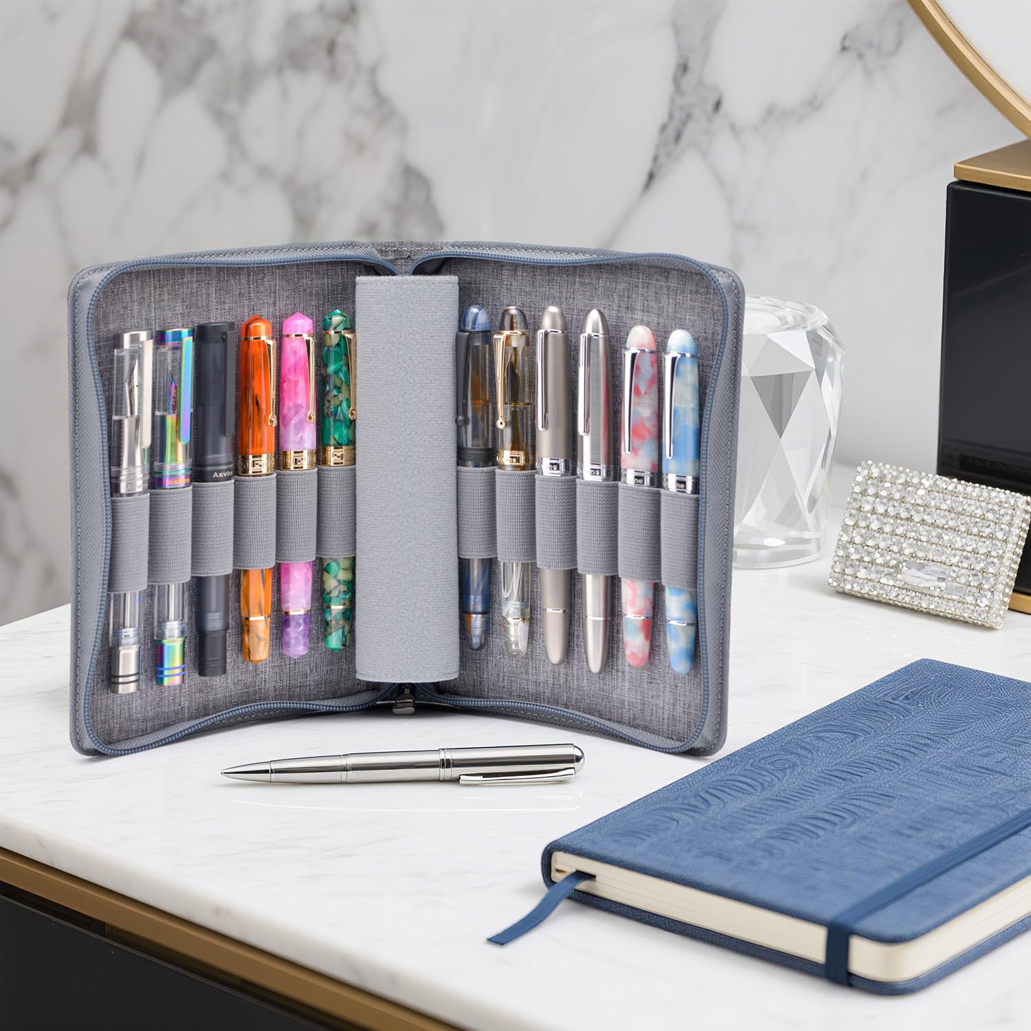 Asvine 12 Fountain Pen Case Gray Organizer Bag - Premium Waterproof Canvas Pen Display Holder