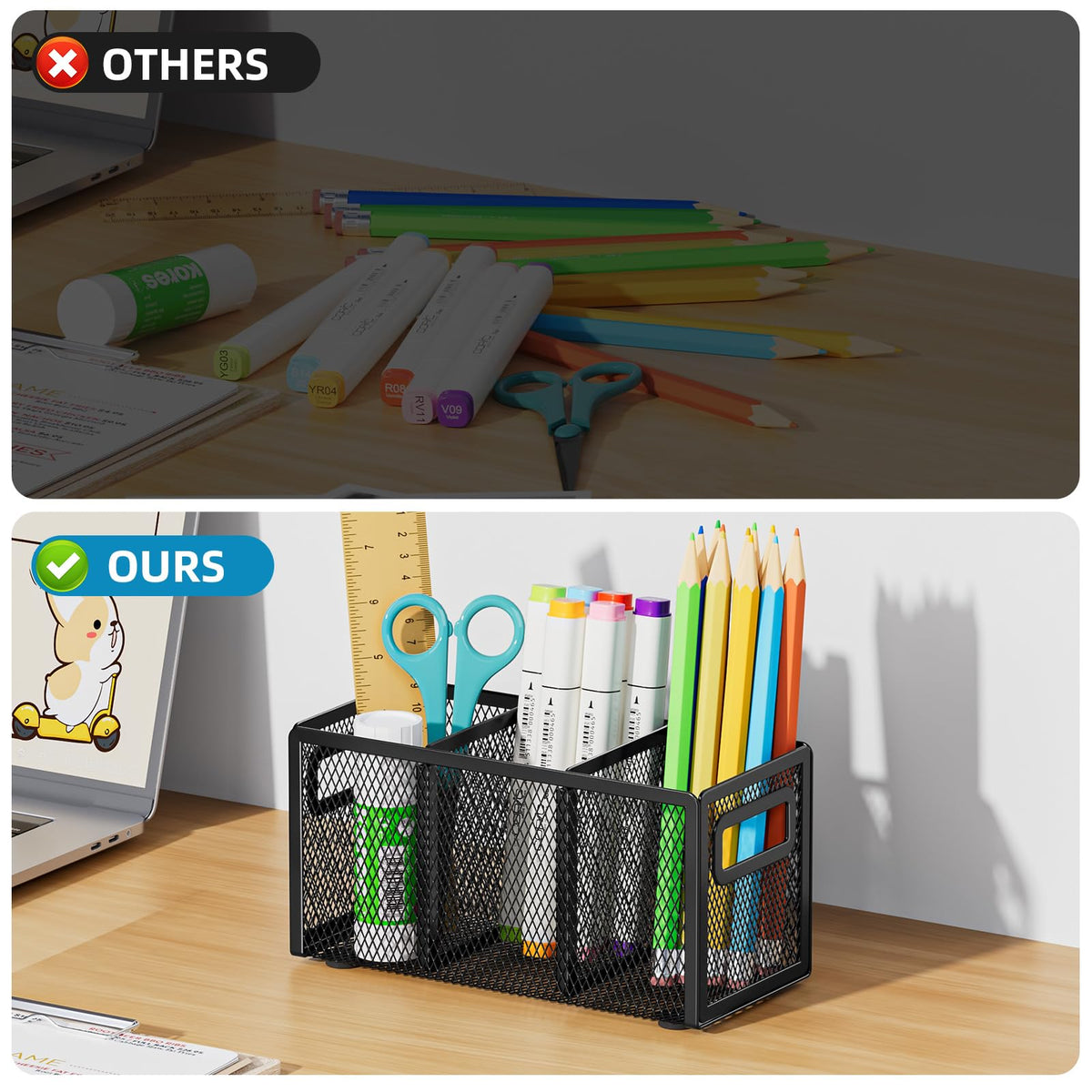 Marbrasse Mesh Pen Holder for Desk, Pencil Holder Desk Organizer 3 Adjustable Compartments, Pencil