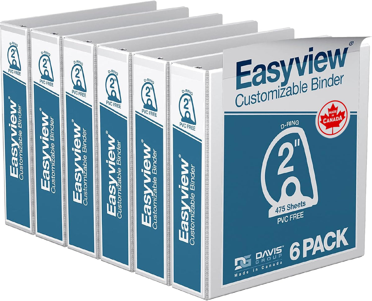 Easyview 3-Ring Binder, Clear-View Cover, 2" D Rings, White, 6 Pack