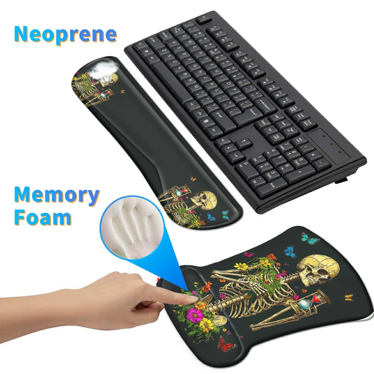 Ergonomic Memory Foam Keyboard Wrist Rest Pad Set, Flower Butterfly Skull