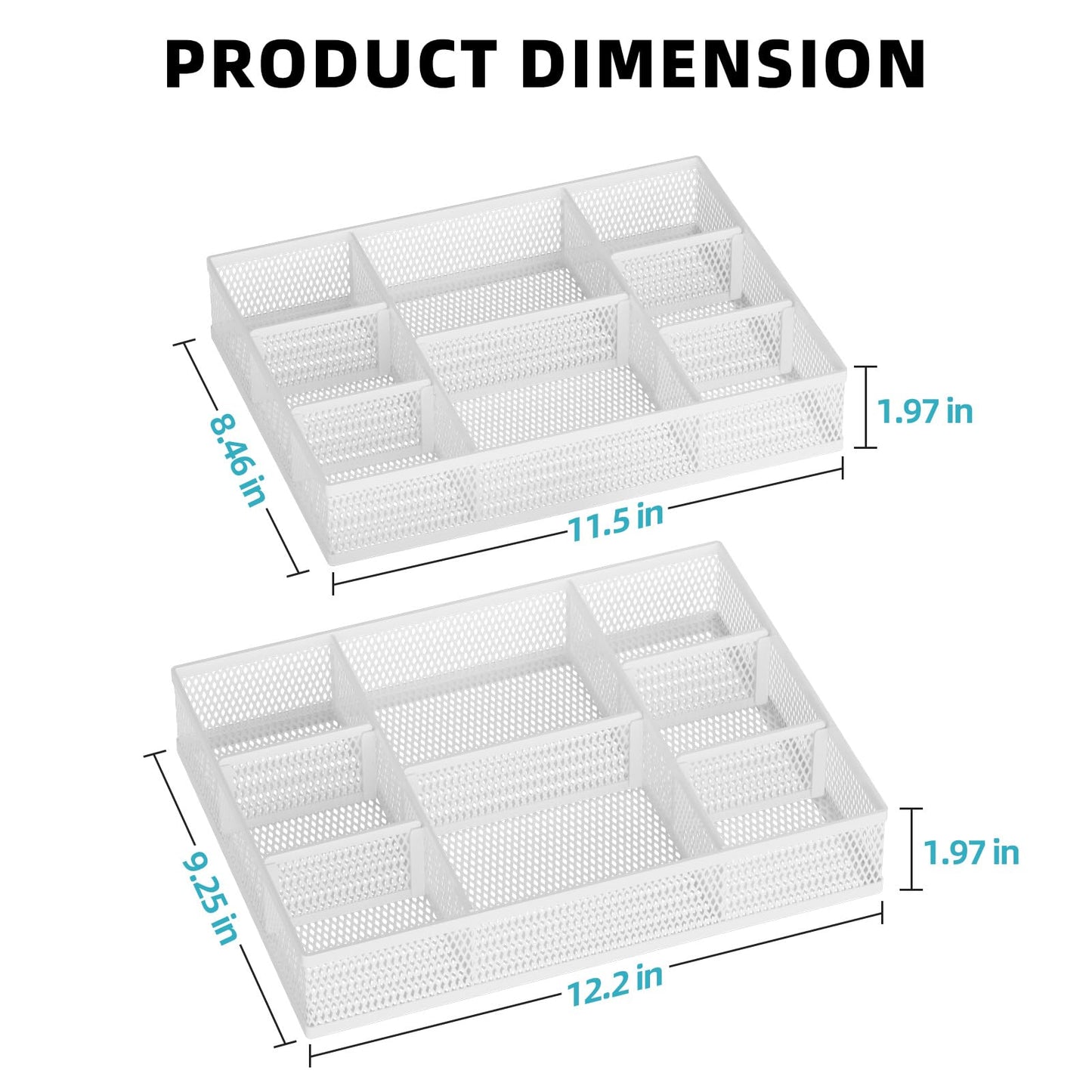 Marbrasse 2 Pack Desk Drawer Organizer, Mesh Drawer Organizer Tray with 8 Adjustable Compartments