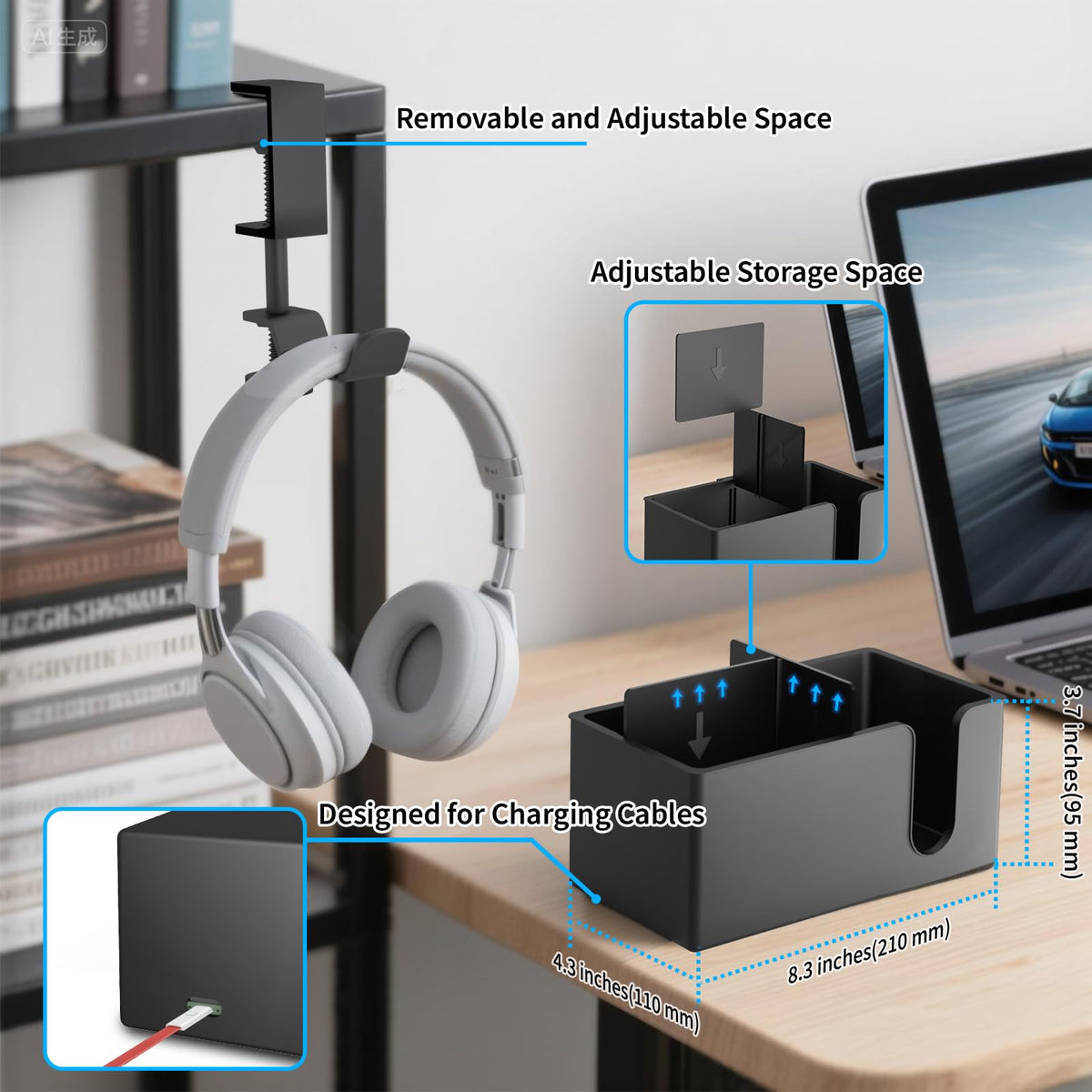 Anti-Spill Large Desk Cup Holder Clamp, Pencil Holder & Phone Stand (Black)