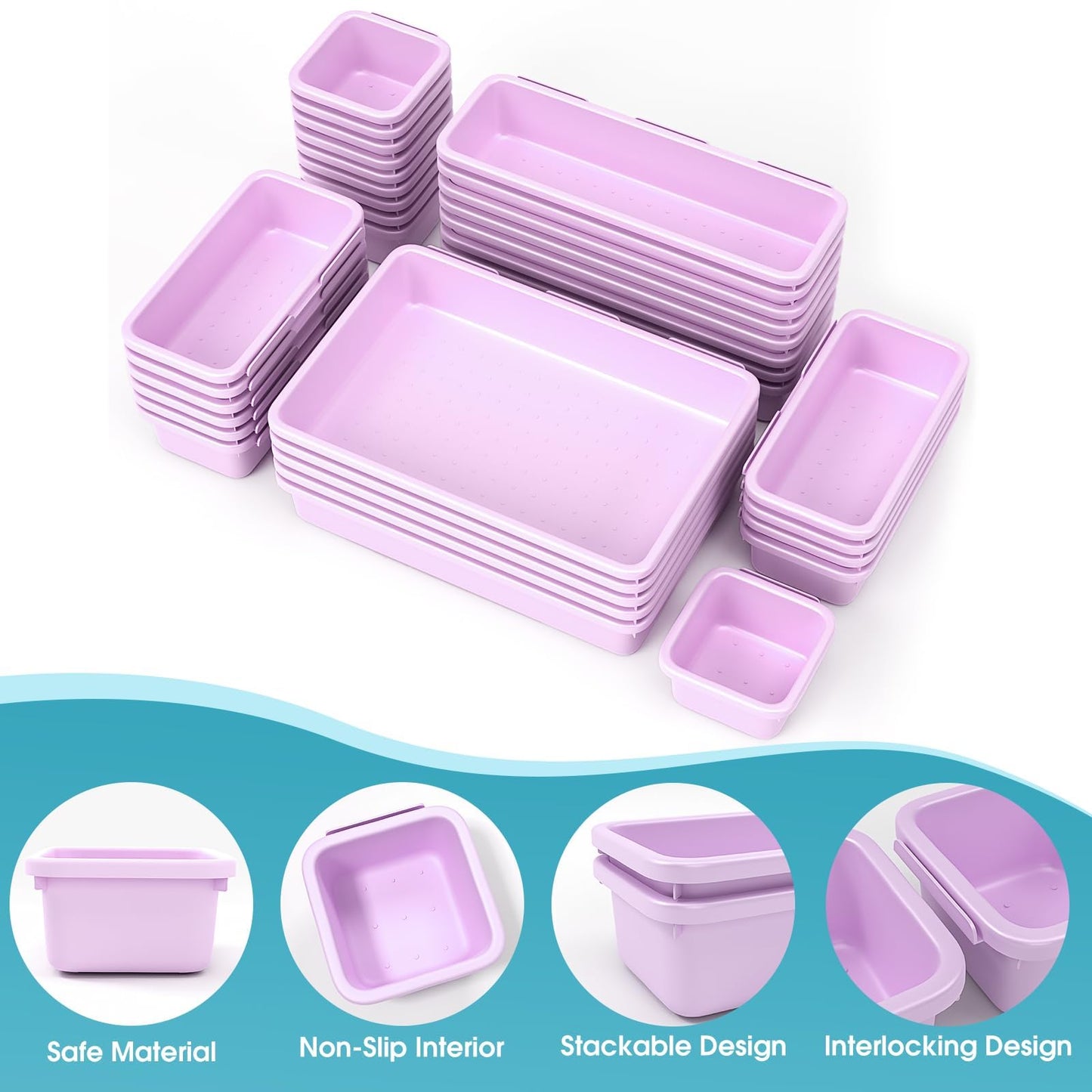 33 PCS Drawer Organizer Set, 4 Size Makeup Drawer Divider Organizer With Non-Slip Pads