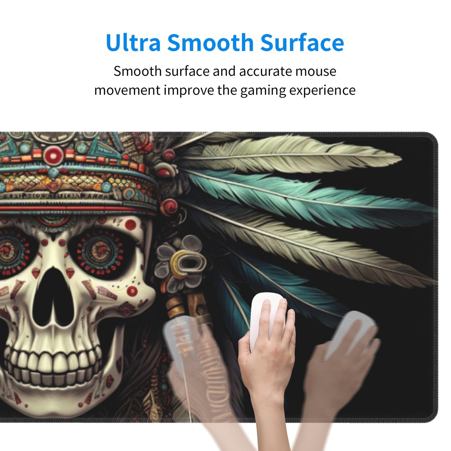 Cute Intricately Decorated Skull with Feather Headdress Pattern Mouse Pad 31.5 x 12 Inch, Non-Slip