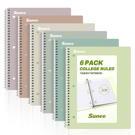 SUNEE Spiral Notebooks, 6 Pack, 1-Subject, College Ruled Paper, 8" x 10-1/2", 70 Sheets per