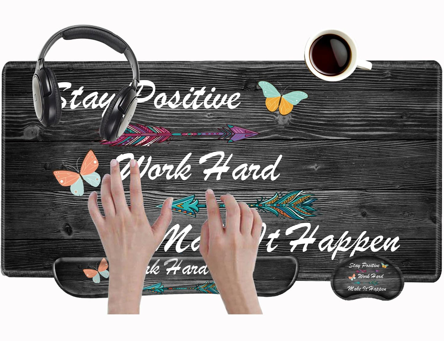 Stay Positive Mouse Pad and Keyboard Wrist Rest Inspirational Desk Mat Set Gaming Mousepad with
