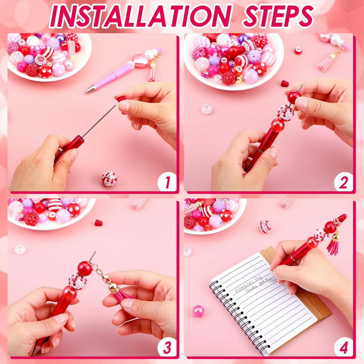 Tinlade 12 Beadable Pens Bulk with 50 Beads Multicolor DIY, Classic Style
