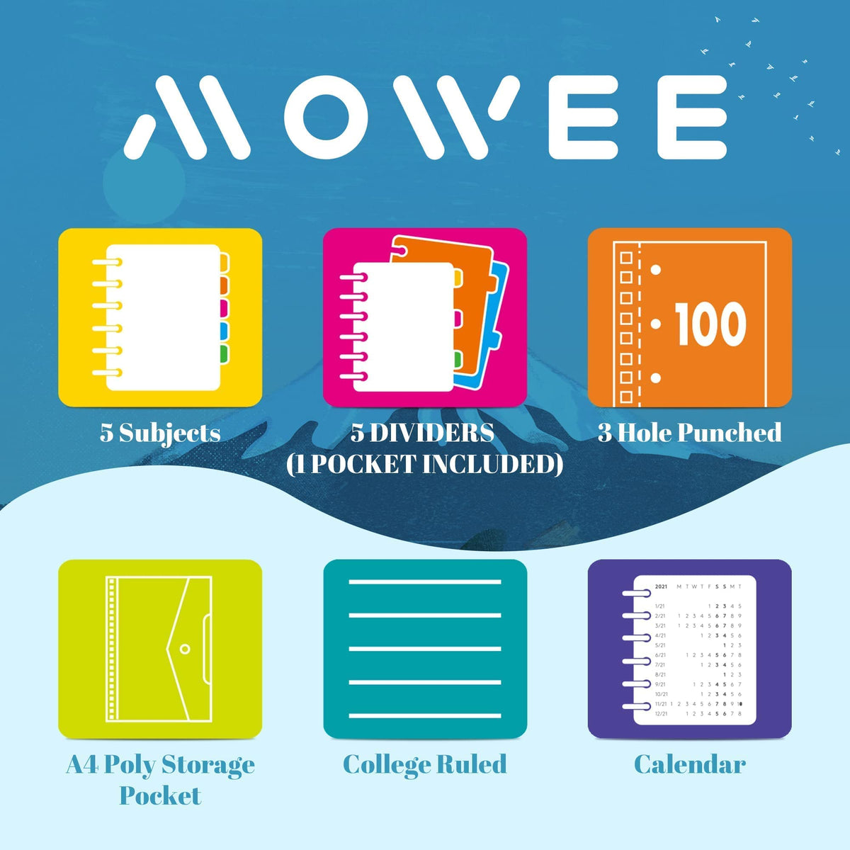 MOWEE Spiral Notebook - 5 Subject Notebook, College Ruled Notebook 3-Hole Punched With Dividers